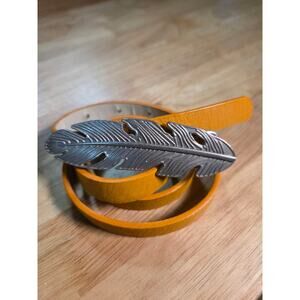 Mustard Yellow Skinny Belt With Silver Toned Feather Buckle 41"